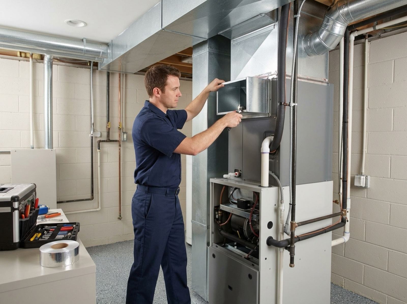 Technician beside an indoor furnace and duct connection