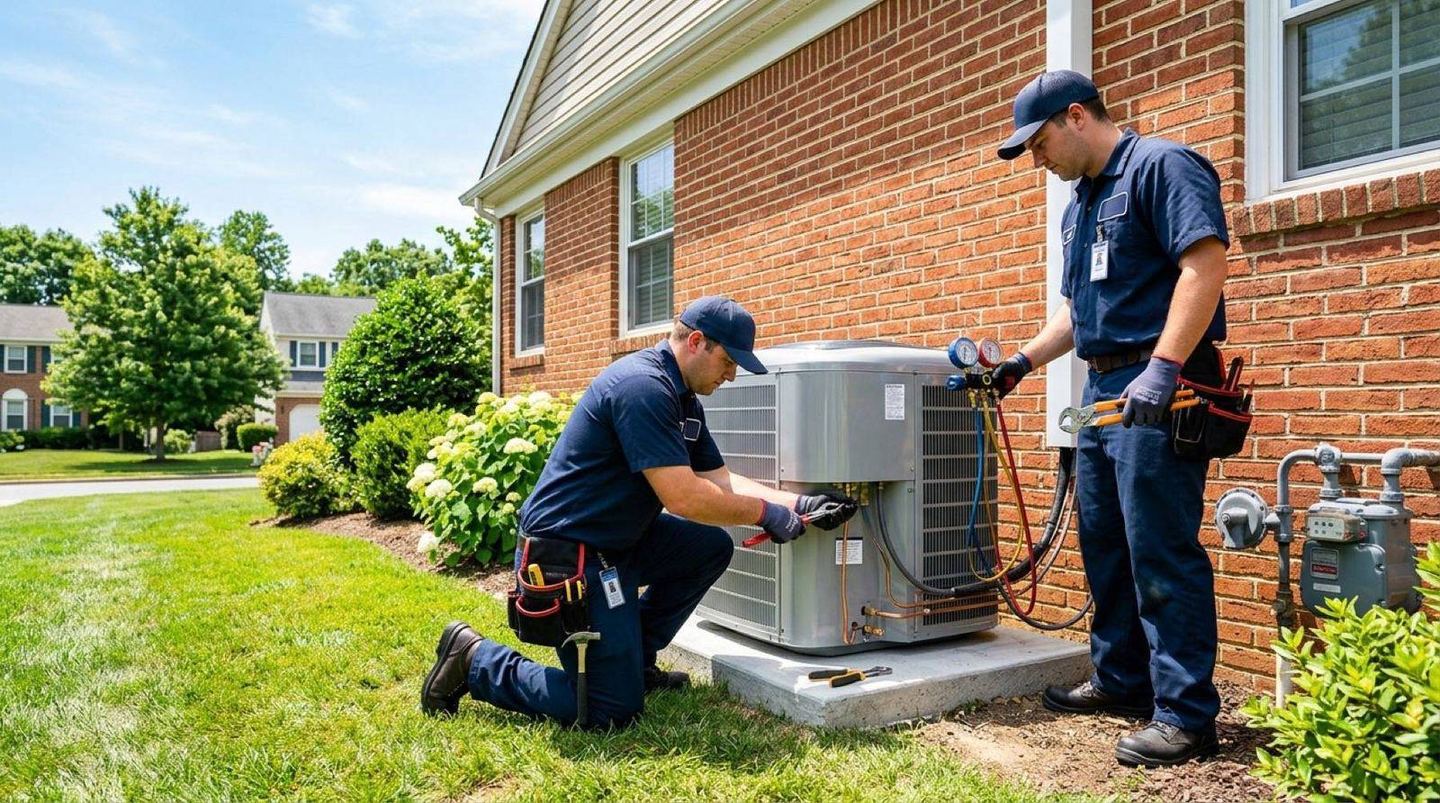 Technicians beside outdoor cooling equipment
