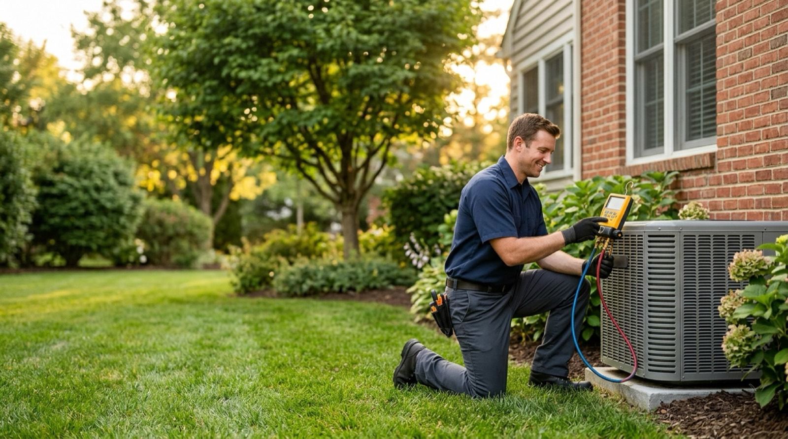 Technician working beside outdoor home cooling equipment